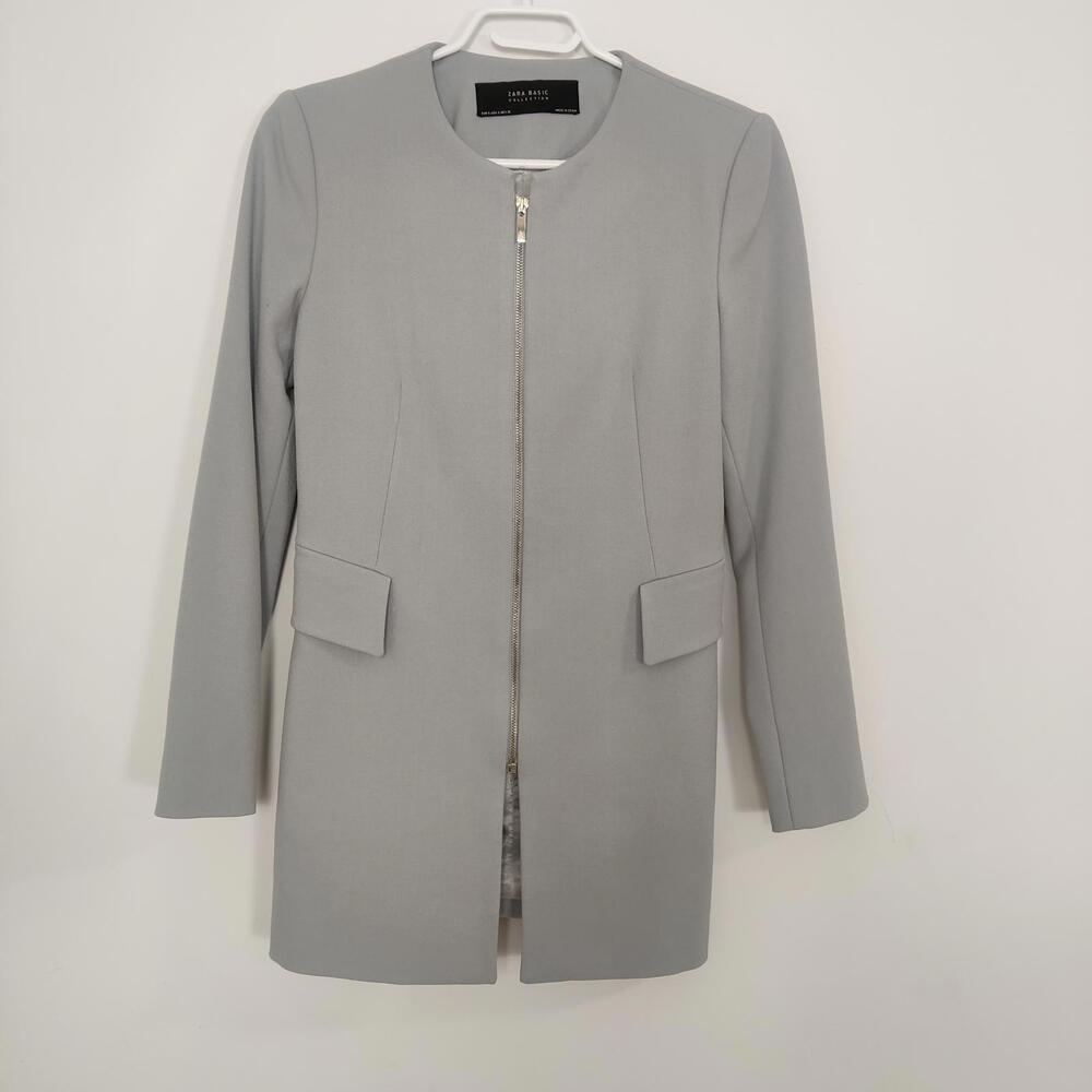 Zara Basic Light Grey Blue Zip Front Longline Blazer Coat – Women’s Small